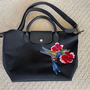 Longchamp Le Pliage Black Nylon Hummingbird tote with cross strap